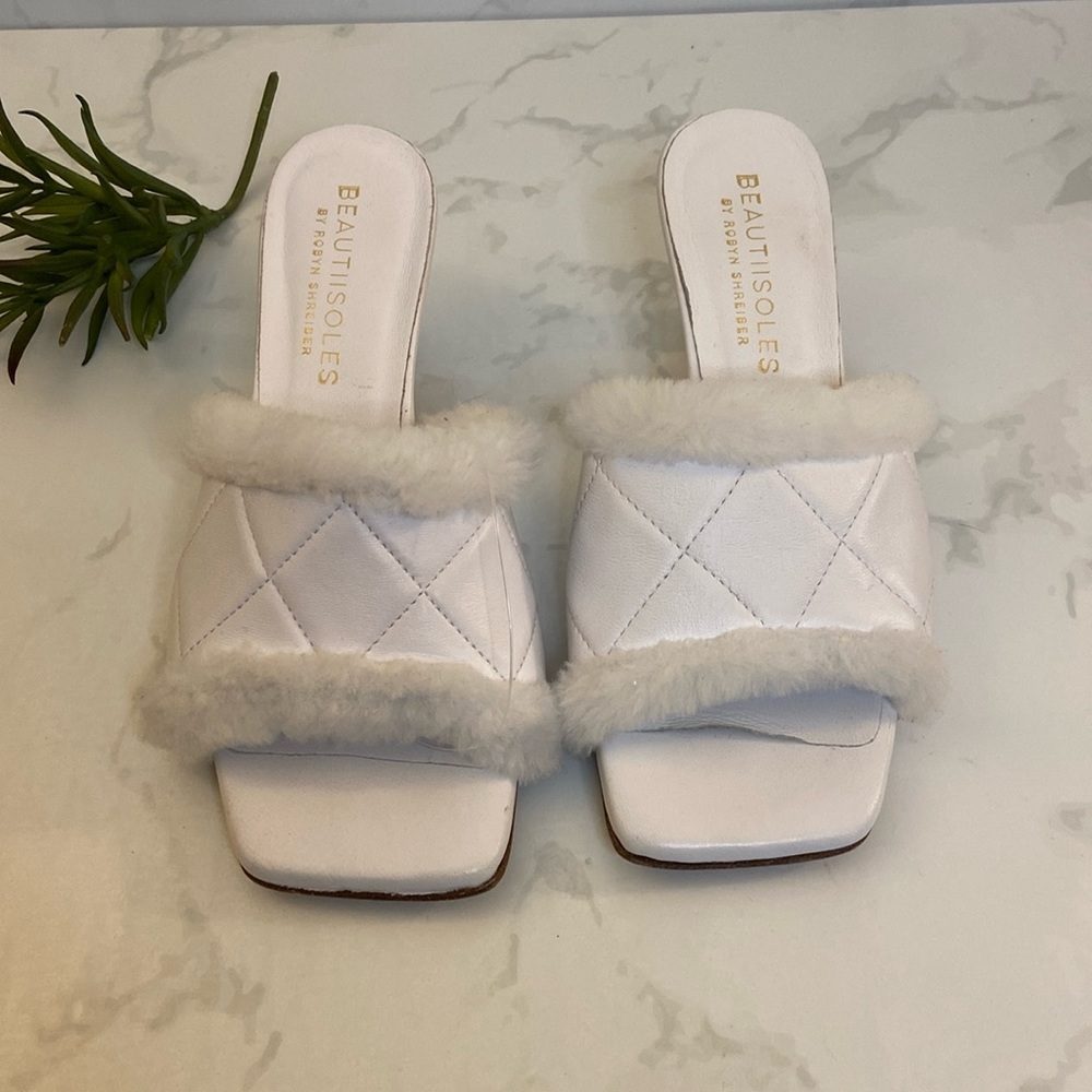 BEAUTIISOLES Marion White Quilted Leather Shearling Slide Sandals Italy 35 5
